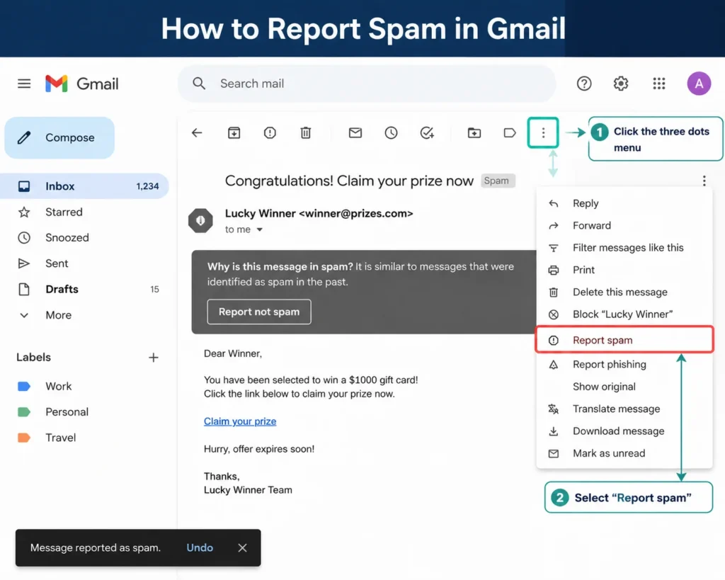 Screenshot showing how to report spam in Gmail