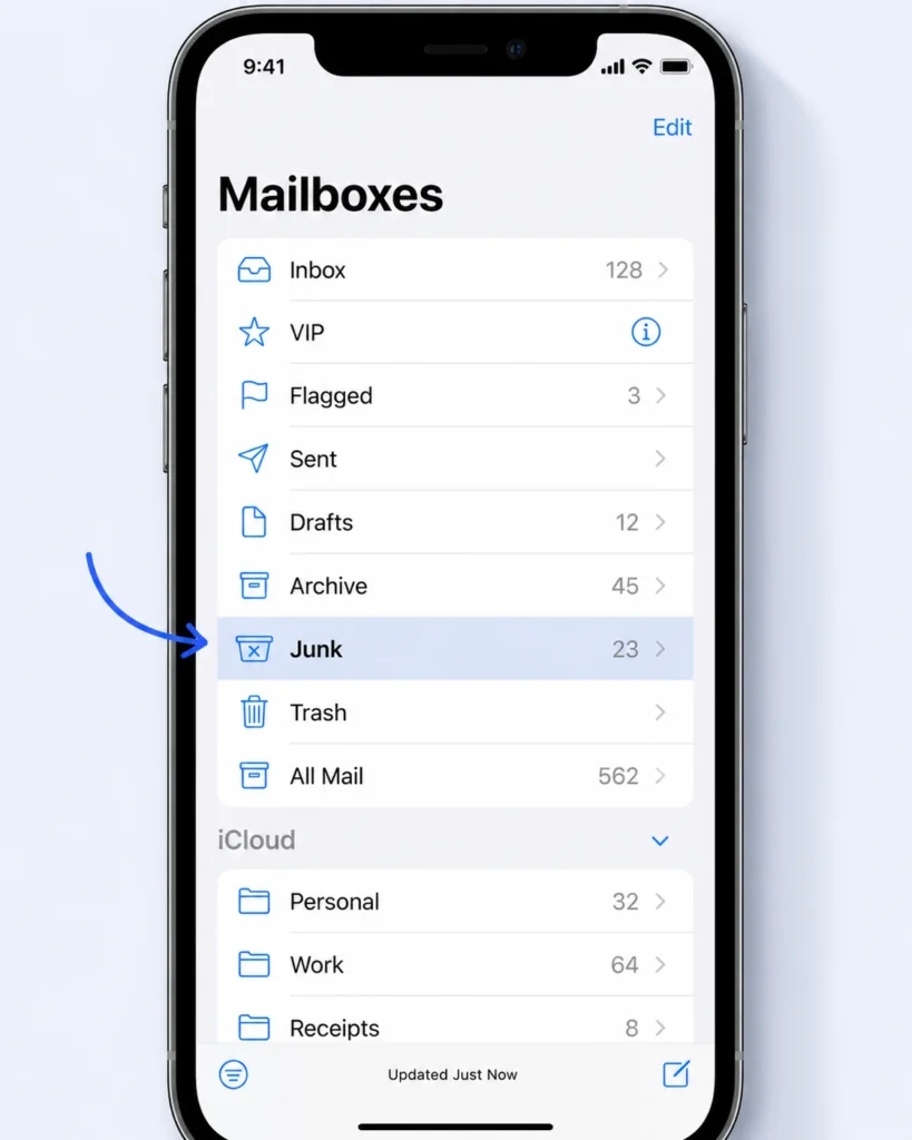 iPhone Mail app with junk folder highlighted