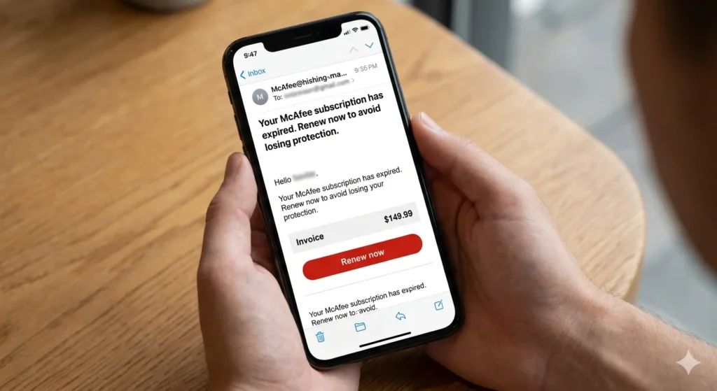 iPhone showing fake McAfee subscription Invoice
