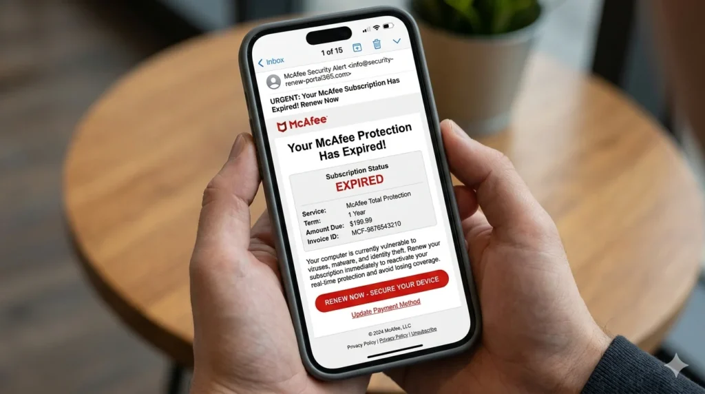 iPhone showing fake McAfee subscription expired email in Apple Mail